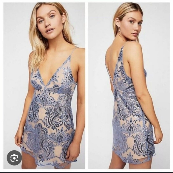 Free People Night Shimmers Pastel Blue Sequinced Mini Babydoll Dress. Size 4 - Picture 3 of 14